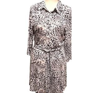 CAbi Pay Day shirt dress black gray white knit with self tie and collar Sz Lrg